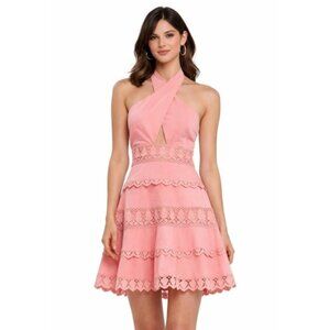 NWT Endless Rose Peach Halter Neck Lace Trim Mini Dress